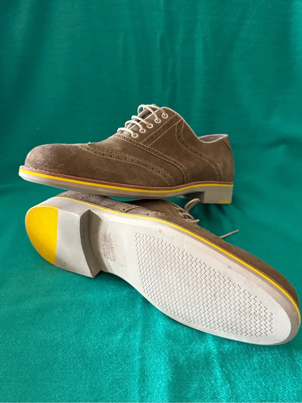 Johnston & Murphy Brown Suede Wingtip Oxfords with Yellow Accent